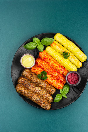 Raw fresh grilled sausages with meat and spices, delicious food for picnic. For cooking grill or barbecue food.の写真素材