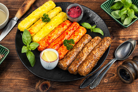 Raw veal sausages, delicious assortment sausages ready for grilling on rustic wooden table. Barbeque grill.の写真素材