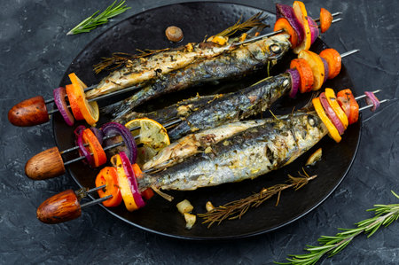 Delicious grilled sardines fish skewers. BBQ, baked sardines skewers.の写真素材