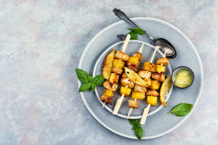 Delicious sea scallops with pineapple on wooden skewers. Seafood. Barbecue. Space for text.の写真素材