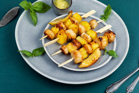 Sea scallops on skewers, delicious barbecue.の写真素材