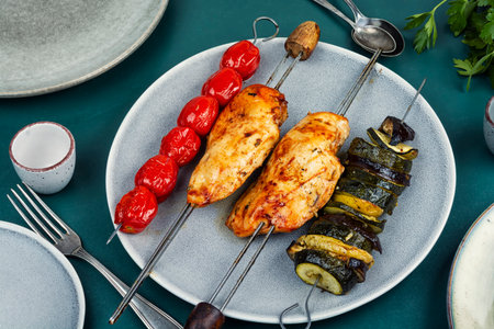 Grilled chicken breast on skewers with grilled vegetables.の写真素材
