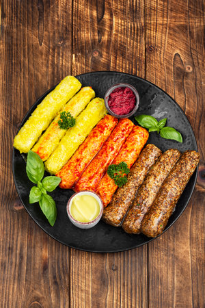 Raw grilled sausages marinated in hot spices, mustard and piquant sauce and ready to cook.の写真素材