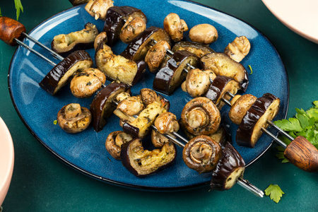 BBQ mushrooms and eggplant grilled, mushrooms on skewers cooked. Kebabs.の写真素材