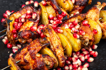 Fried chicken wings on skewers with potatoes. BBQ. Food backgroundの写真素材