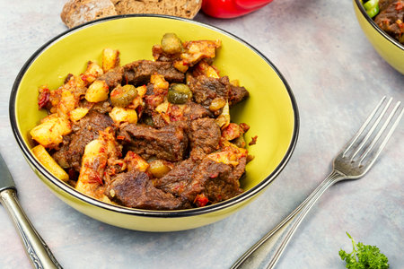 Traditional Tatar dish azu. Fragrant beef meat with tomatoes and pickles in a thick sauce in a plate.の写真素材