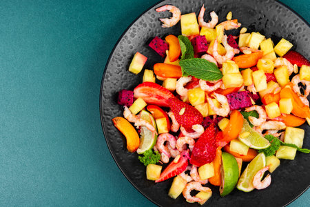 Salad with prawn and tropical fruits. Gourmet seafood salad with shrimp, pineapple, apricots, dragon fruit and strawberries. Copy space. Space for text.の写真素材