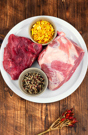 Seasoning and uncooked meat piece, beef meat,pork meat for cooking or grilling on wooden rustic background.の写真素材