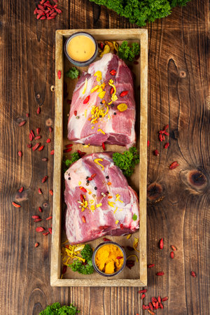 Seasoning and uncooked meat piece, beef meat,pork meat for cooking or grilling.の写真素材