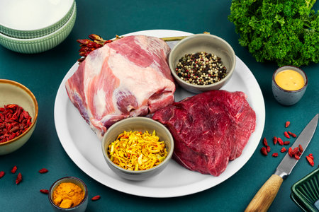 Raw fresh meat, seasoning and spices for cooking. Raw meat for barbecue.の写真素材
