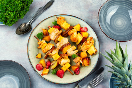 Grilled skewers with succulent chicken pieces and pineapple on a plate, fruit and meat skewers. Flat lay.の写真素材