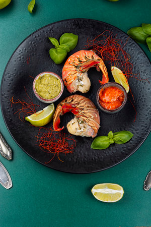Two lobster tails on plate with spices for dinner. Holidays food concept. Flat layの写真素材