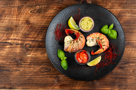 Delicious fresh cooked and steamed lobster, seafood on wooden rustic background. Healthy seafood.の写真素材
