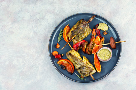 Seared cod loin or pollock and sliced fruit on skewers. Delicious fillets of pollock or coalfish. Space for text.の写真素材