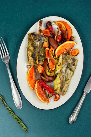 Grilled pollock or cod fillet with citrus and pesto sauce. Grilled fish, seafood.の写真素材