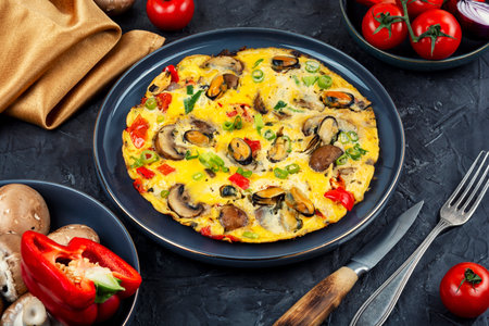 egg omelet with mussels, mushroom and vegetablesの写真素材