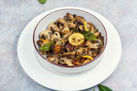 fried champignon mushrooms with bay leaf, spices and lemon.の写真素材