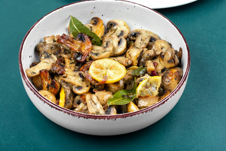 Roasted champignon mushrooms with bay leaf, garlic and lemon.の写真素材