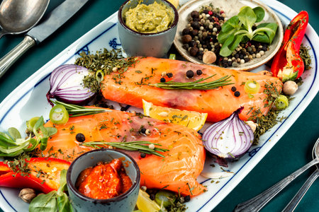 Uncooked salmon fish fillet, spices, sauces and herbs for marinating fish. Preparing food. Food photography.の写真素材