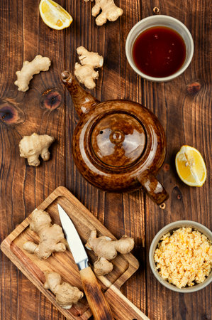 Fall immune system booster - ginger and lemon tea and ingredients on wooden background.