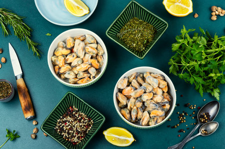 Raw uncooked mussels. Frozen raw mussels in the kitchen for preparing food.の写真素材