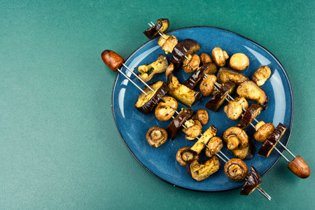 Colorful vegetable skewers grilled. Mushrooms and eggplant grilling, barbecue. BBQ food. Copy spaceの写真素材
