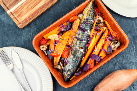 Grilled mackerel fish with sweet potato, herbs and spices.