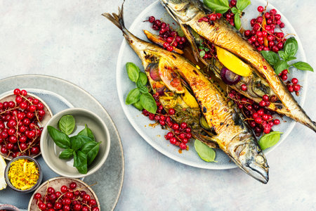 Tasty roasted fish and berries red currants, tasty grilled mackerel fish. Top view. Food...