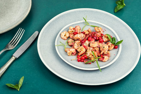 Fried seafood shrimps with berries sauce.の写真素材