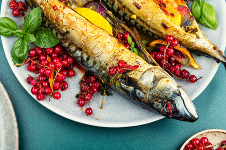 Oven baked mackerel, food photography.