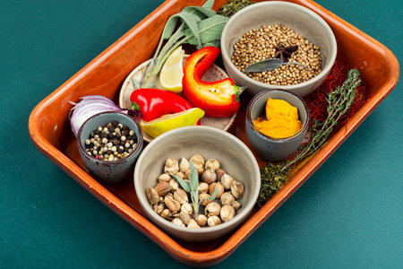 Cooking and seasoning spices, various spices on table.の写真素材
