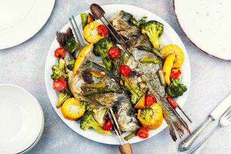 Dish of fried dorado fish with boiled broccoli, corn and asparagus. Seafood skewers. Flat lay