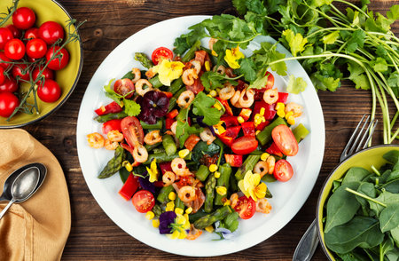 Fresh seafood salad with roasted shrimp, edible flowers and vegetables. Flat layの写真素材