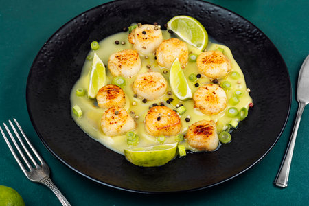 Scallops Poached in a Butter and Lime Sauce.の写真素材