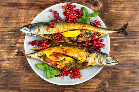 Appetizing and aromatic mackerel fish on wooden rustic background, baked with lemon and red currants in the oven.の写真素材