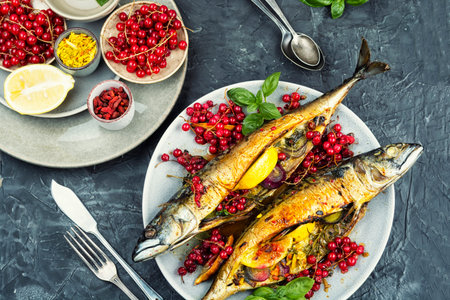 Two whole baked fish with lemon, onion and red currants, roasted mackerel. Flat lay.の写真素材