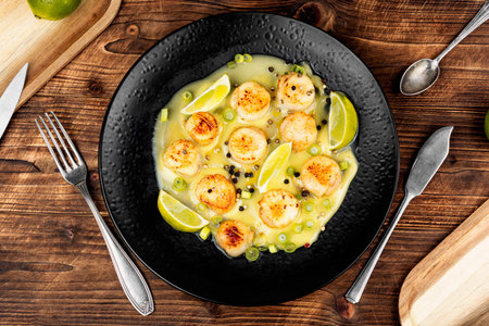 Delicious cooked scallops in a plate with sauce and lime.の写真素材