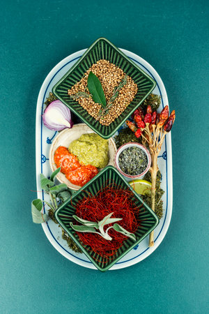 Composition with different aromatic spices. Set with aromatic spicesの写真素材