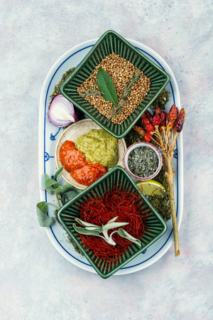 A set of herbs and spices in a plate with aromatic dried ingredients.の写真素材
