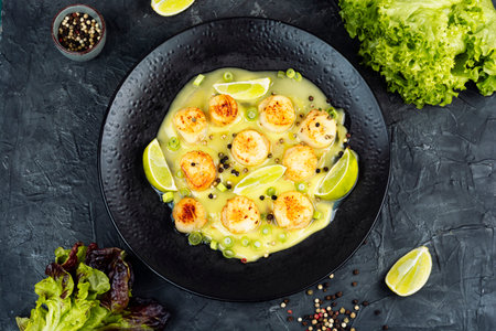 Luxurious dish cooked roasted sea scallops with greens and lime.の写真素材