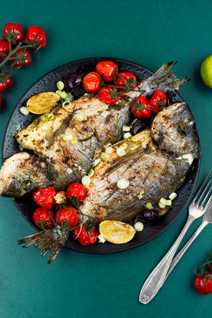 Deliciously baked dorado served with vibrant vegetables.
