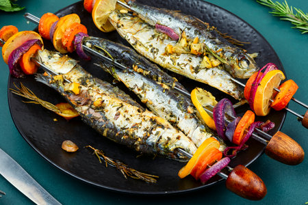 Delicious grilled sardines fish skewers. BBQ, baked sardines skewers.の写真素材