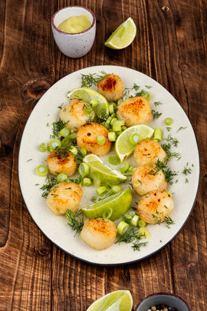 Luxurious dish cooked roasted sea scallops with greens and lime.の写真素材