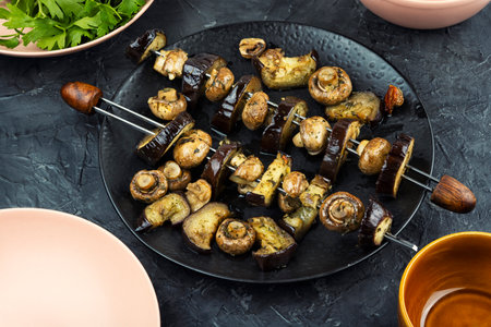 Colorful vegetable skewers grilled. BBQ food.の写真素材