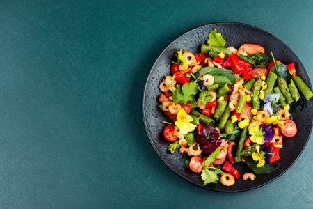 Seafood salad with roasted shrimp, edible flowers and vegetables.の写真素材