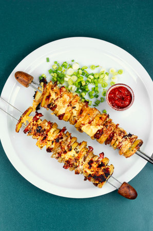 Grilled potato and bacon skewers with cheese, sauces on a skewers. Summer barbecue.の写真素材