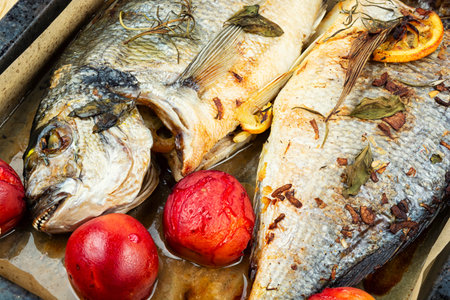 Whole dorado baked with plums, tasty roasted sea bream or dorado fish. Dieting and clean eating, food background.の写真素材