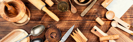Set of wood bowls. Rustic wooden table. Collection.の写真素材