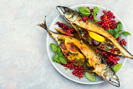 Grilled mackerel with lemon, herbs, and red currant served on a plate. Delicious roasted fish dish with fresh ingredients, perfect for healthy eating and gourmet cuisine.の写真素材