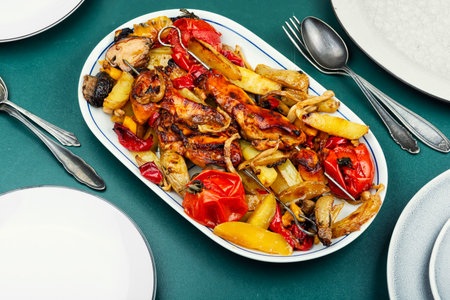 Fried chicken breast skewers with a vegetable garnish, juicy meat. Food photography.の写真素材